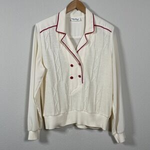 Philippe Marques Blouse Womens XL Cream Red Vintage Knit‎ Mixed Media Excellent